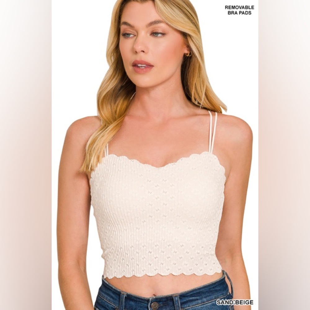 Zenana Outfitters Sand Beige Scalloped Crochet Cropped Camisole